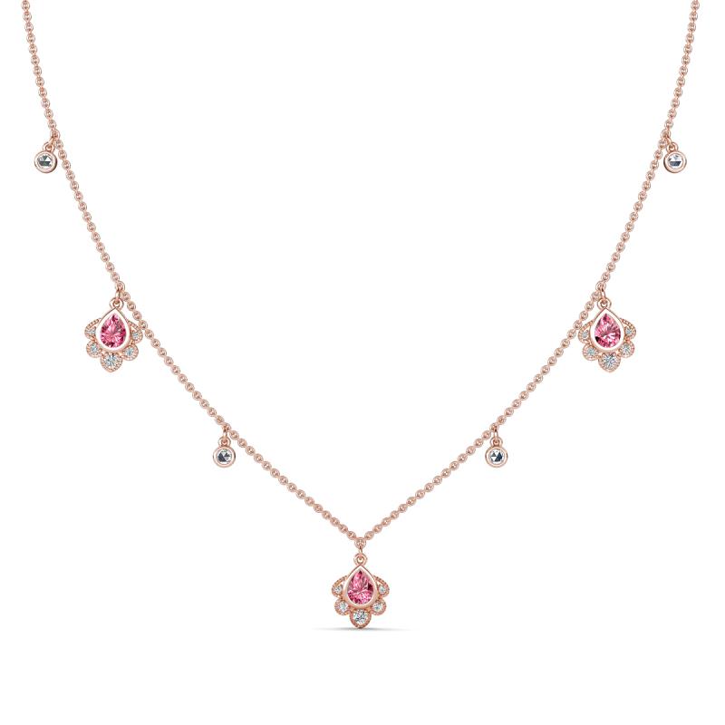 Inara Fine Unseen 0.75 ctw Pear Shape Pink Tourmaline accented Round & Rose Cut Natural Diamond Floral Necklace 