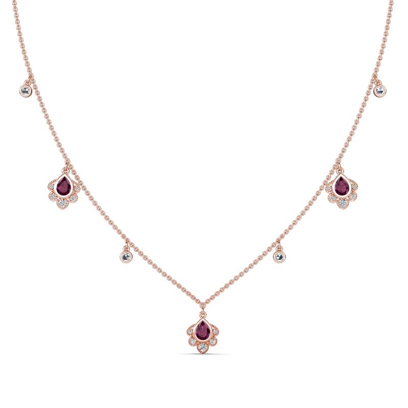 Inara Fine Unseen 0.75 ctw Pear Shape Rhodolite Garnet accented Round & Rose Cut Natural Diamond Floral Necklace 