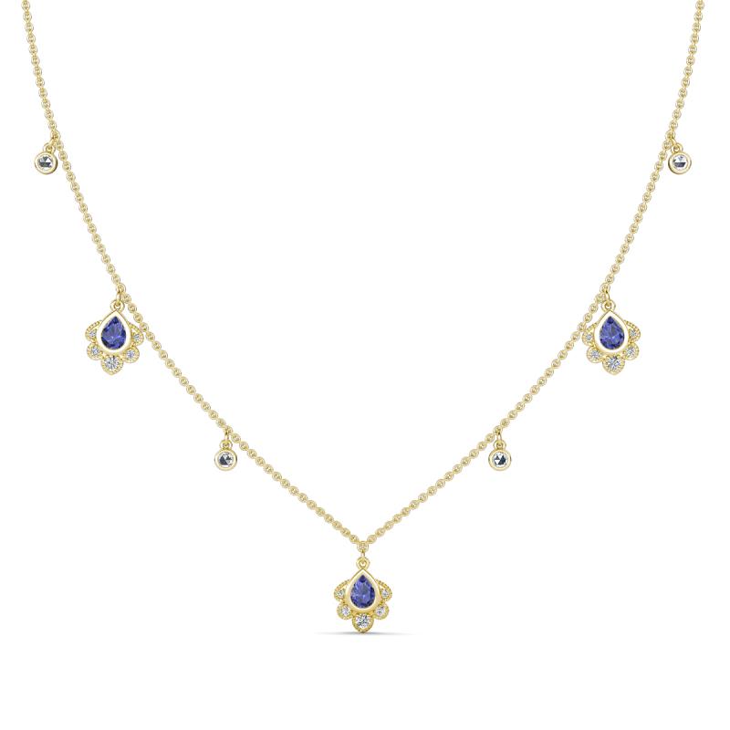 Inara Fine Unseen 0.75 ctw Pear Shape Iolite accented Round & Rose Cut Natural Diamond Floral Necklace 