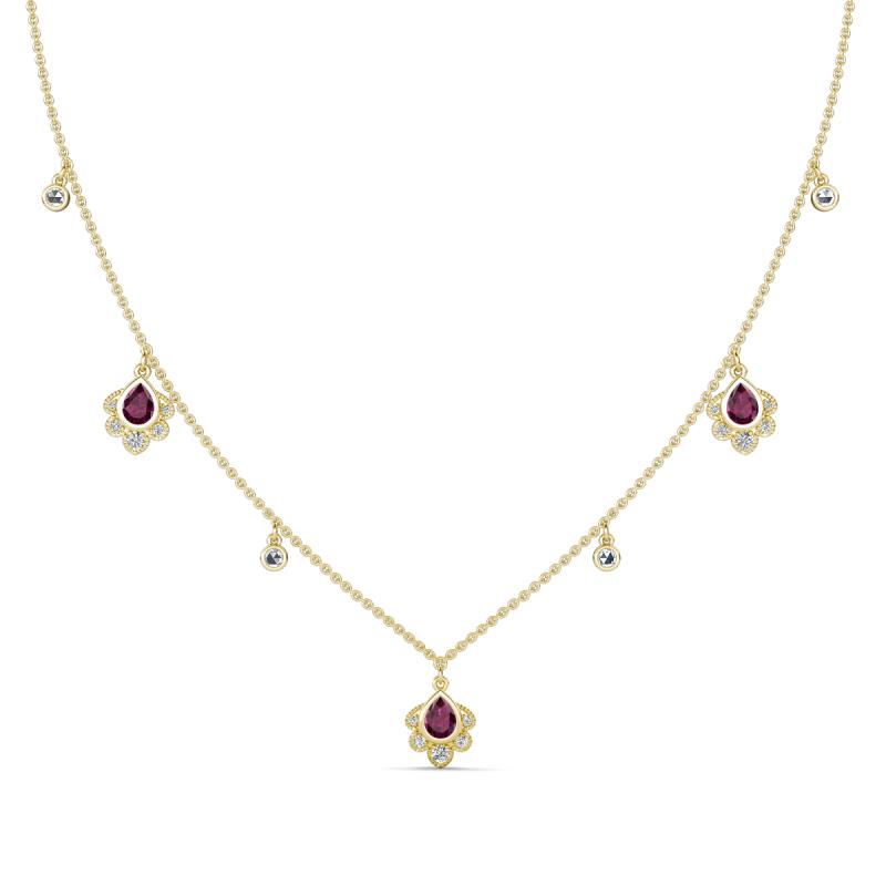 Inara Fine Unseen 0.75 ctw Pear Shape Rhodolite Garnet accented Round & Rose Cut Natural Diamond Floral Necklace 