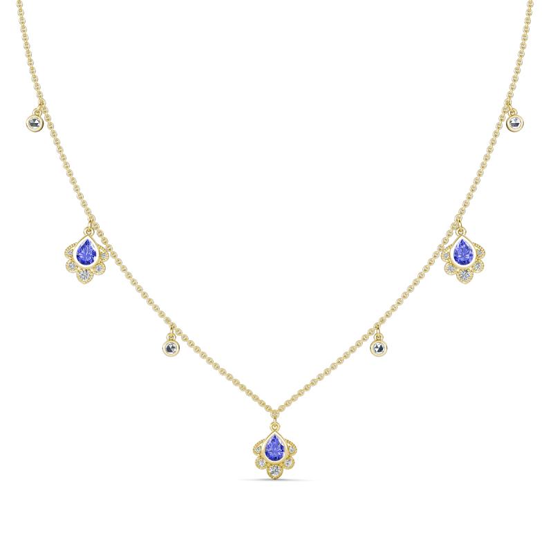 Inara Fine Unseen 0.75 ctw Pear Shape Tanzanite accented Round & Rose Cut Natural Diamond Floral Necklace 