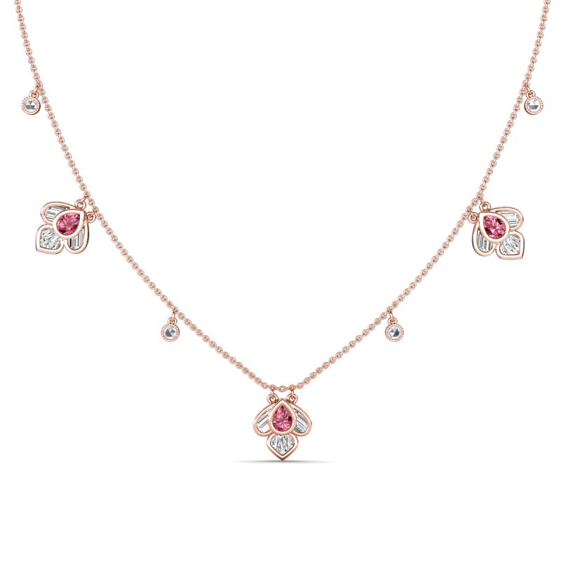 Ayla Fine Unseen 2.00 ctw Pear Shape Pink Tourmaline accented Baguette & Rose Cut Natural Diamond Floral Necklace 