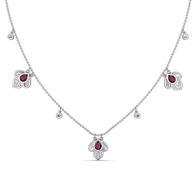 Ayla Fine Unseen 2.00 ctw Pear Shape Rhodolite Garnet accented Baguette & Rose Cut Natural Diamond Floral Necklace 