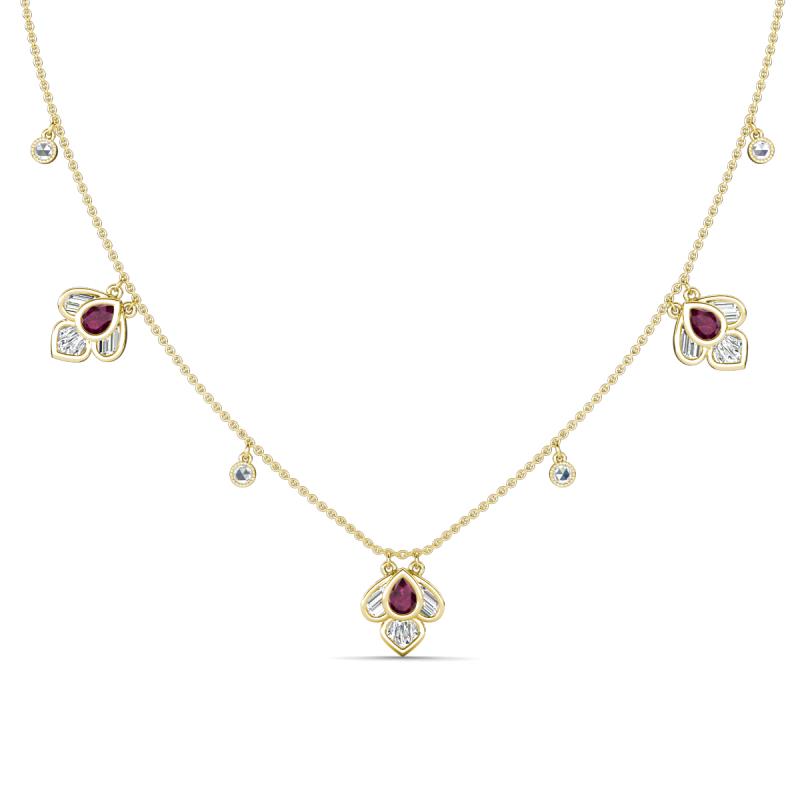 Ayla Fine Unseen 2.00 ctw Pear Shape Rhodolite Garnet accented Baguette & Rose Cut Natural Diamond Floral Necklace 