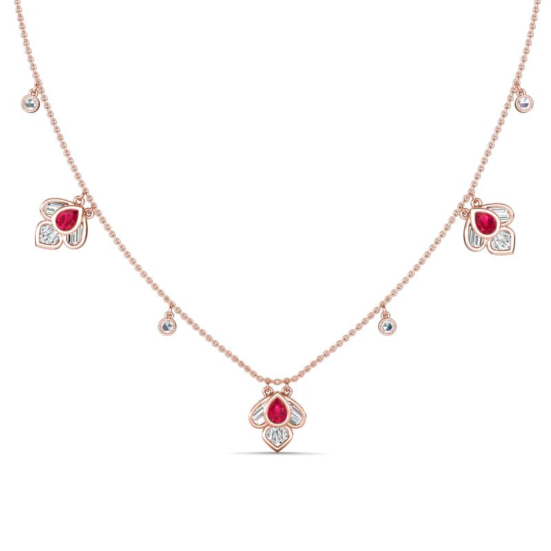 Ayla Fine Unseen 2.00 ctw Pear Shape Ruby accented Baguette & Rose Cut Natural Diamond Floral Necklace 