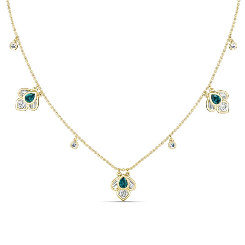 Ayla Fine Unseen 2.00 ctw Pear Shape London Blue Topaz accented Baguette & Rose Cut Natural Diamond Floral Necklace 