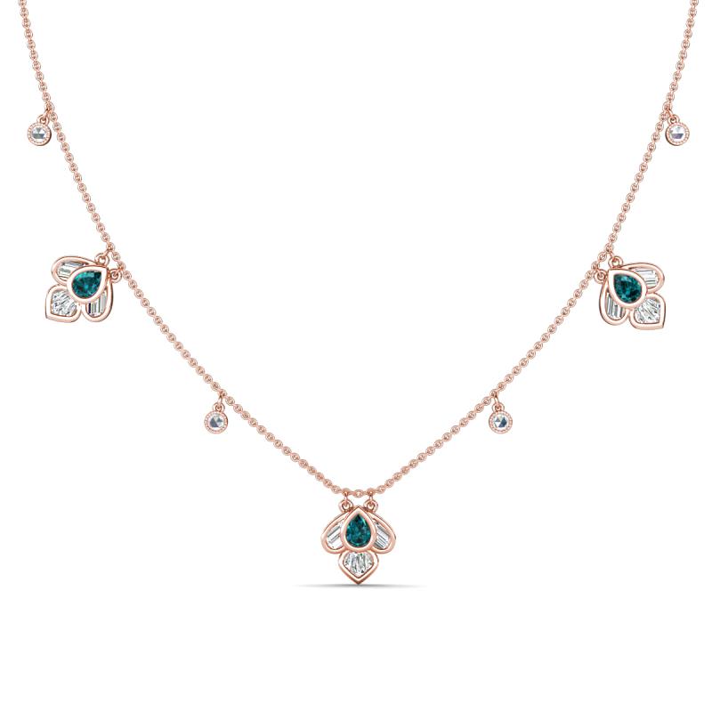 Ayla Fine Unseen 2.00 ctw Pear Shape London Blue Topaz accented Baguette & Rose Cut Natural Diamond Floral Necklace 