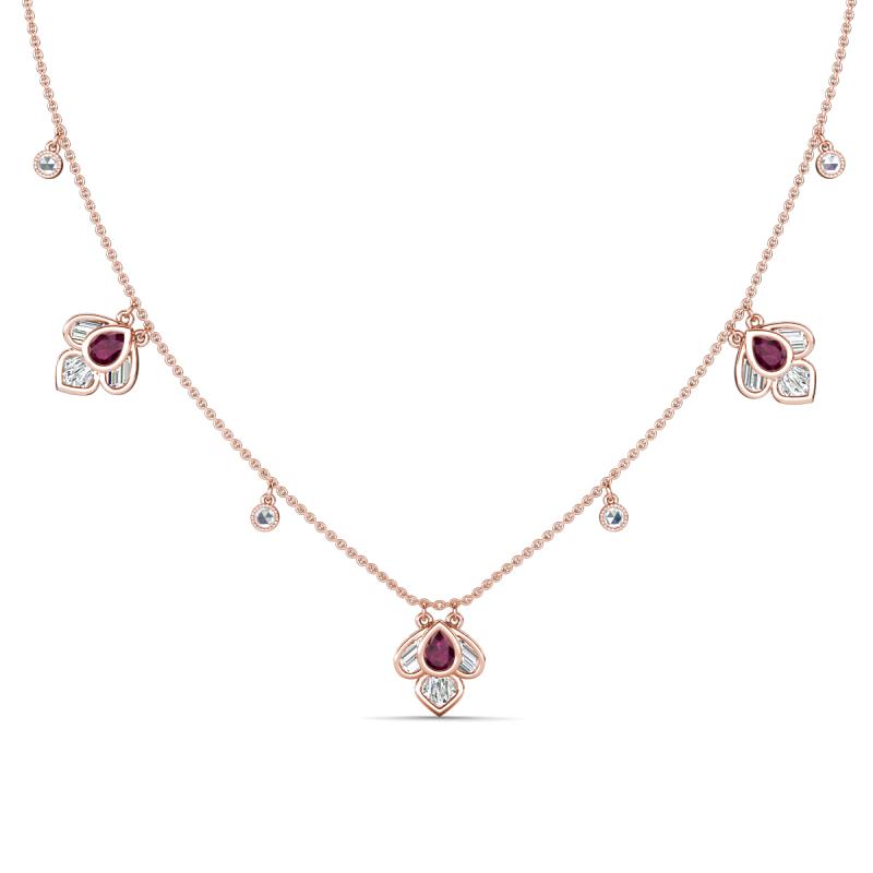 Ayla Fine Unseen 2.00 ctw Pear Shape Rhodolite Garnet accented Baguette & Rose Cut Natural Diamond Floral Necklace 