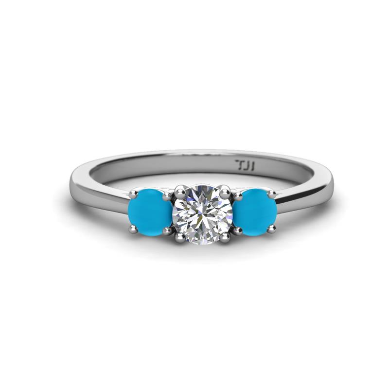 Quyen 1.00 ctw (5.00 mm) Round Turquoise and Natural Diamond Three Stone Engagement Ring  
