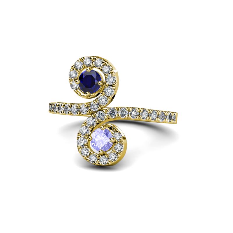 Raene Blue Sapphire and Tanzanite with Side Diamonds Bypass Ring 