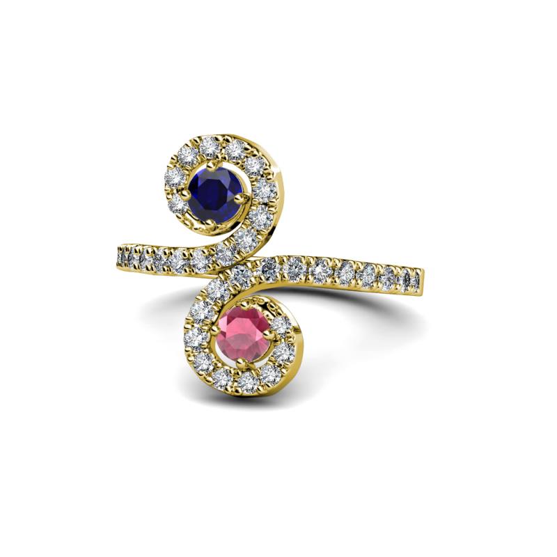 Raene Blue Sapphire and Rhodolite Garnet with Side Diamonds Bypass Ring 