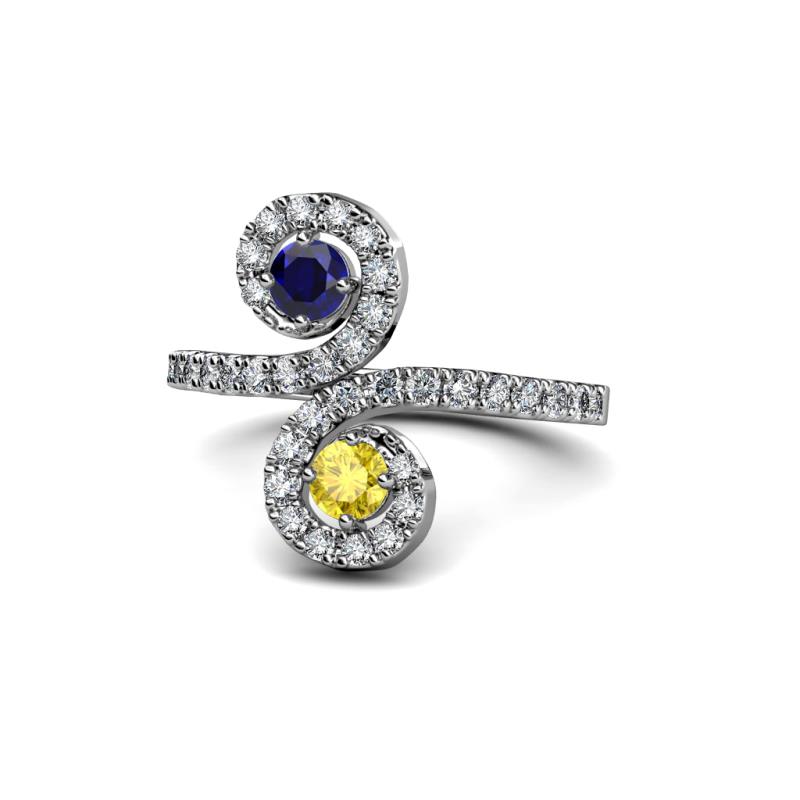 Raene Blue Sapphire and Yellow Sapphire with Side Diamonds Bypass Ring 