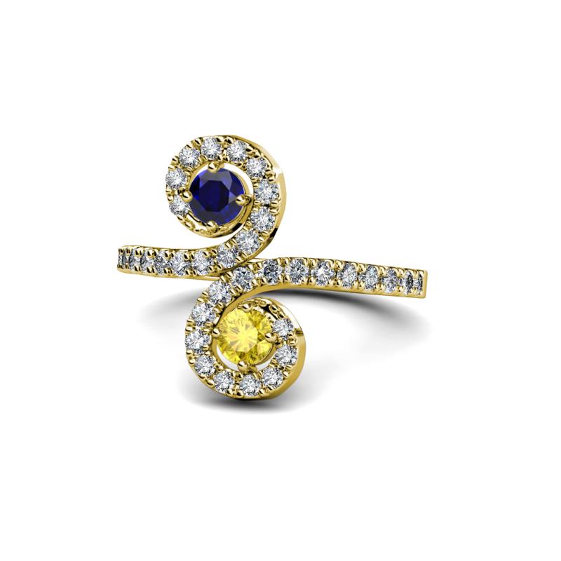 Raene Blue Sapphire and Yellow Sapphire with Side Diamonds Bypass Ring 