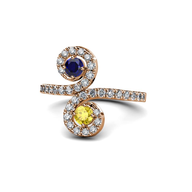 Raene Blue Sapphire and Yellow Sapphire with Side Diamonds Bypass Ring 