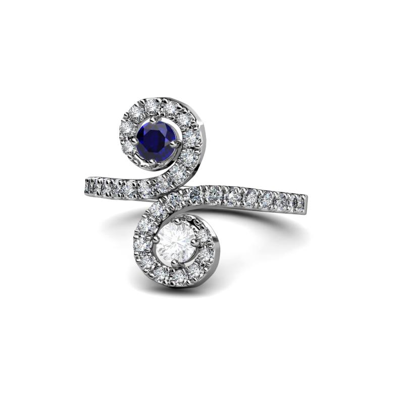 Raene Blue Sapphire and White Sapphire with Side Diamonds Bypass Ring 