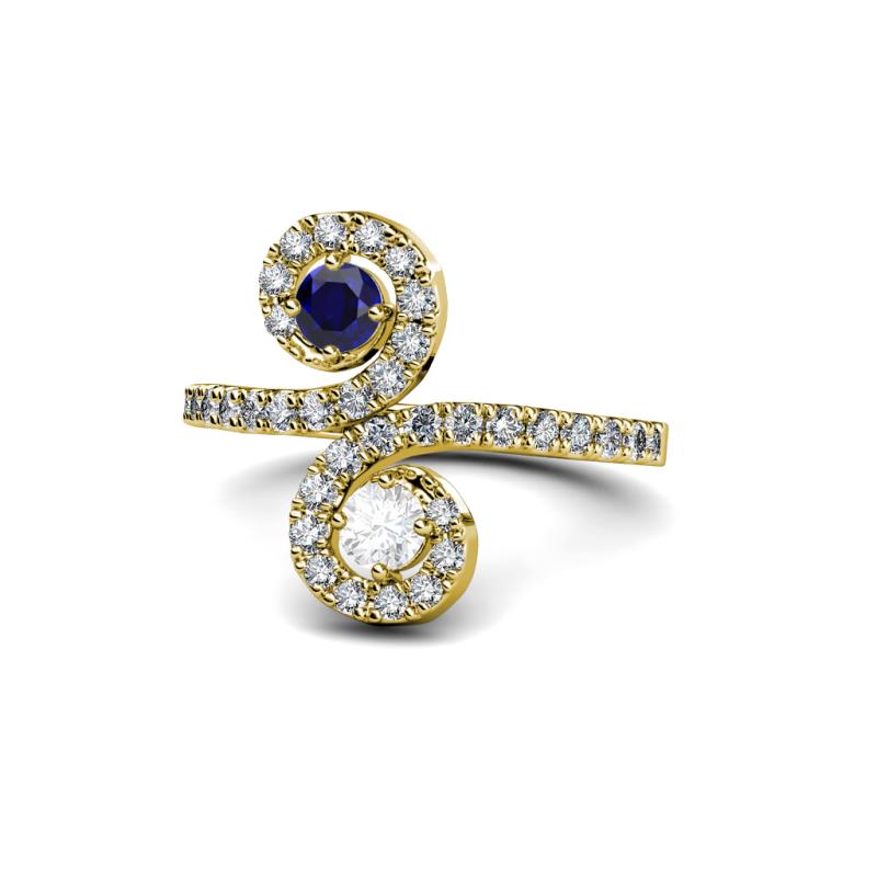 Raene Blue Sapphire and White Sapphire with Side Diamonds Bypass Ring 