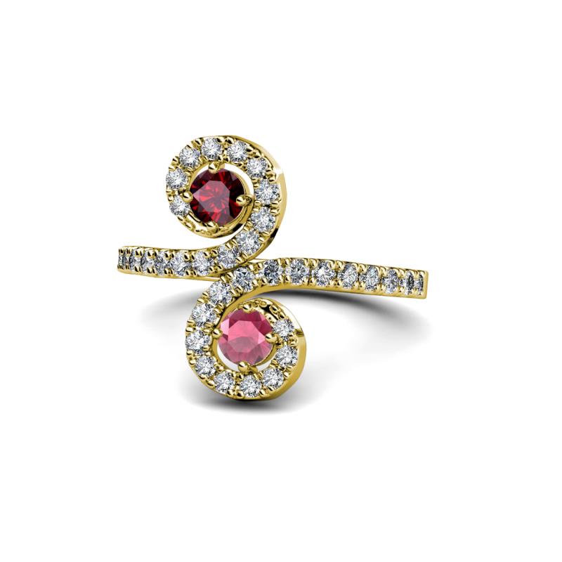 Raene Ruby and Rhodolite Garnet with Side Diamonds Bypass Ring 