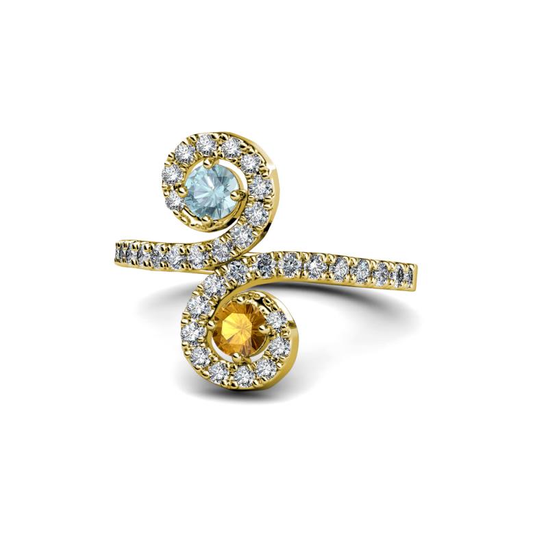 Raene Aquamarine and Citrine with Side Diamonds Bypass Ring 