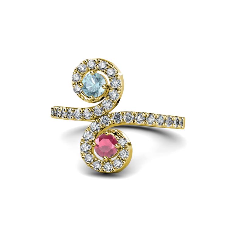 Raene Aquamarine and Rhodolite Garnet with Side Diamonds Bypass Ring 