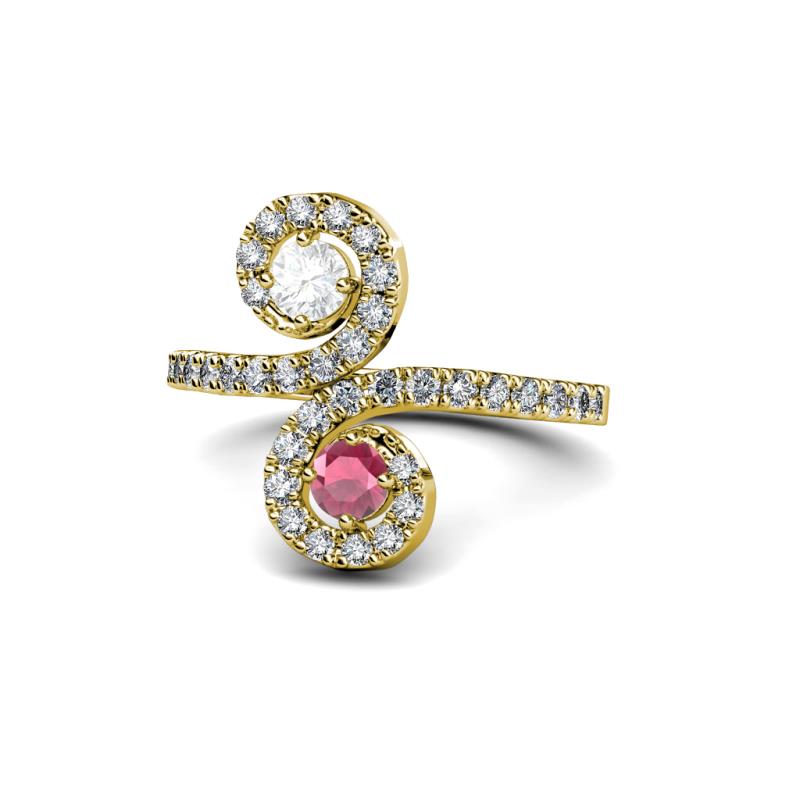 Raene White Sapphire and Rhodolite Garnet with Side Diamonds Bypass Ring 