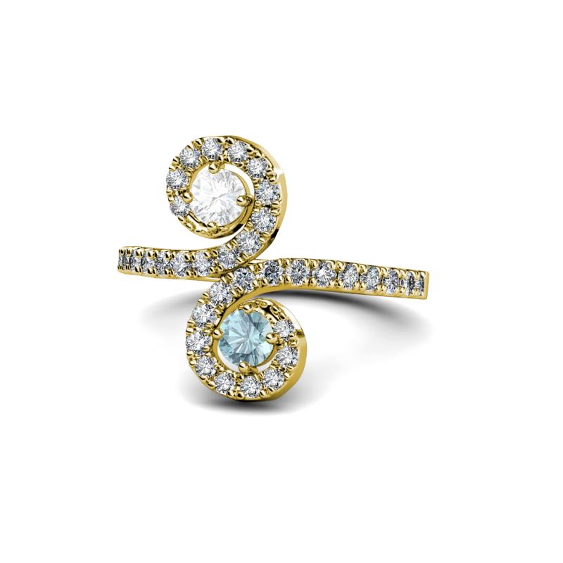 Raene White Sapphire and Aquamarine with Side Diamonds Bypass Ring 