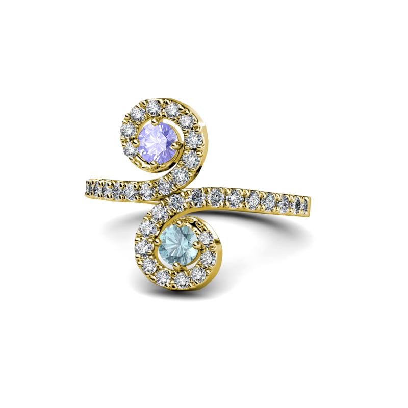Raene Tanzanite and Aquamarine with Side Diamonds Bypass Ring 