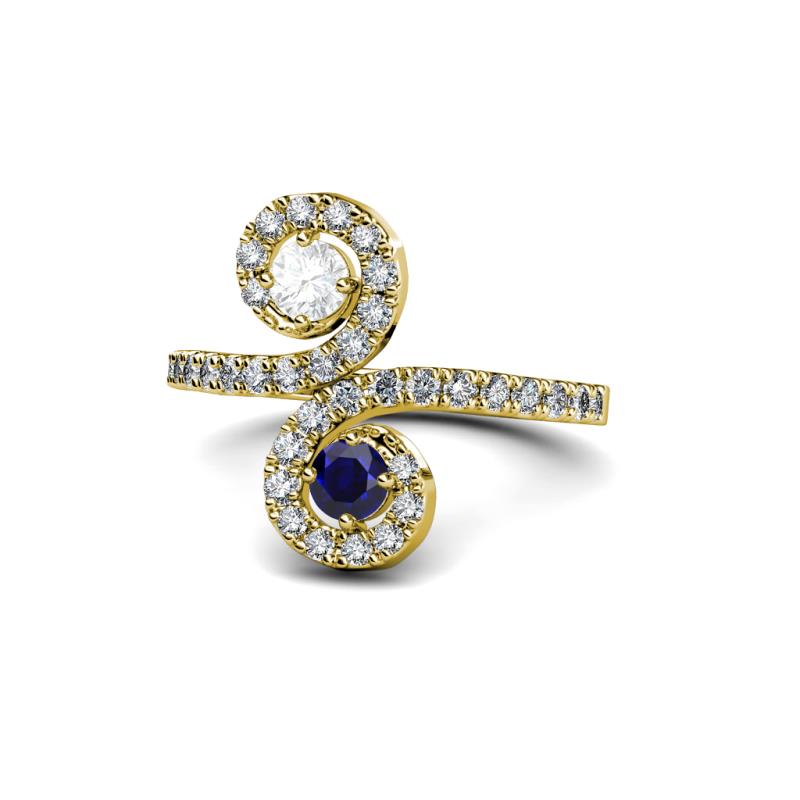 Raene White Sapphire and Blue Sapphire with Side Diamonds Bypass Ring 
