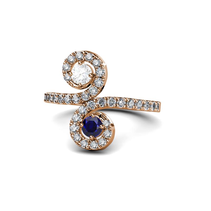 Raene White Sapphire and Blue Sapphire with Side Diamonds Bypass Ring 