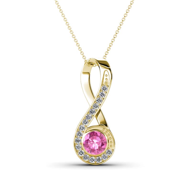 Mandana 5.00 mm Round Lab Created Pink Sapphire and Diamond Vertical Infinity Pendant Necklace 