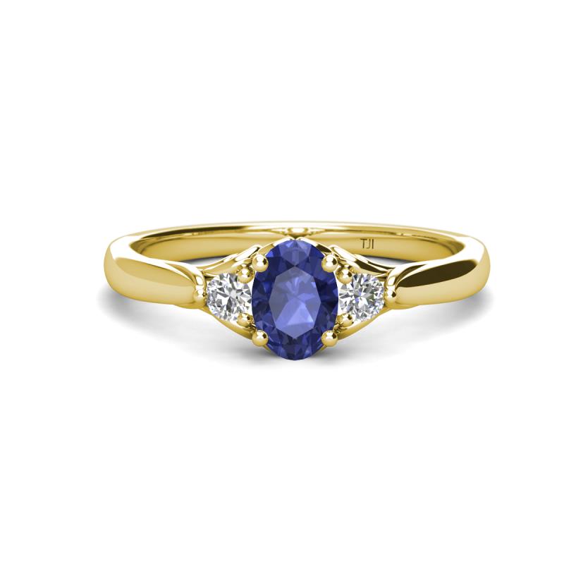 Gianna 7x5 mm Oval Shape Iolite and Round Diamond Three Stone Engagement Ring 