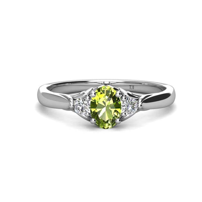Gianna 7x5 mm Oval Shape Peridot and Round Diamond Three Stone Engagement Ring 