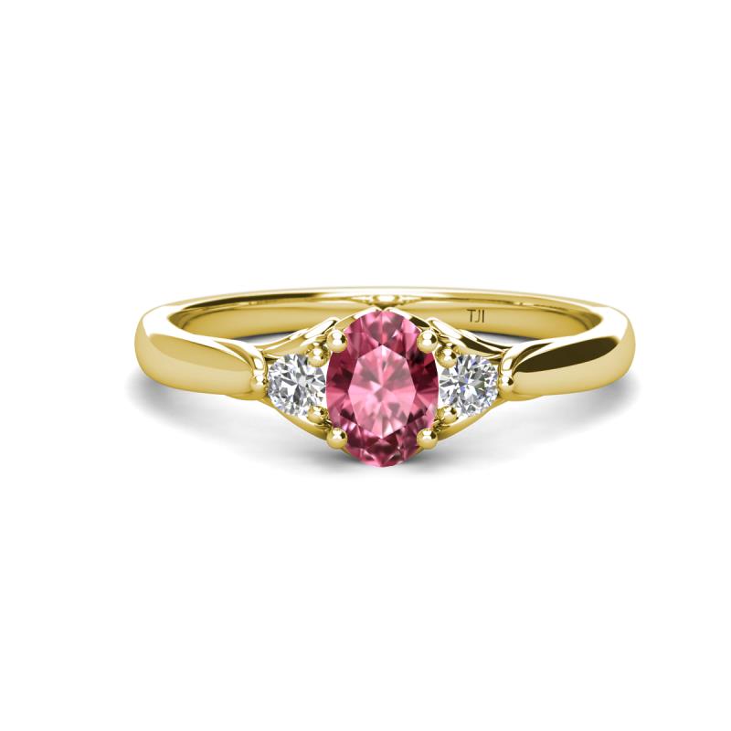 Gianna 7x5 mm Oval Shape Pink Tourmaline and Round Lab Grown Diamond Three Stone Engagement Ring 