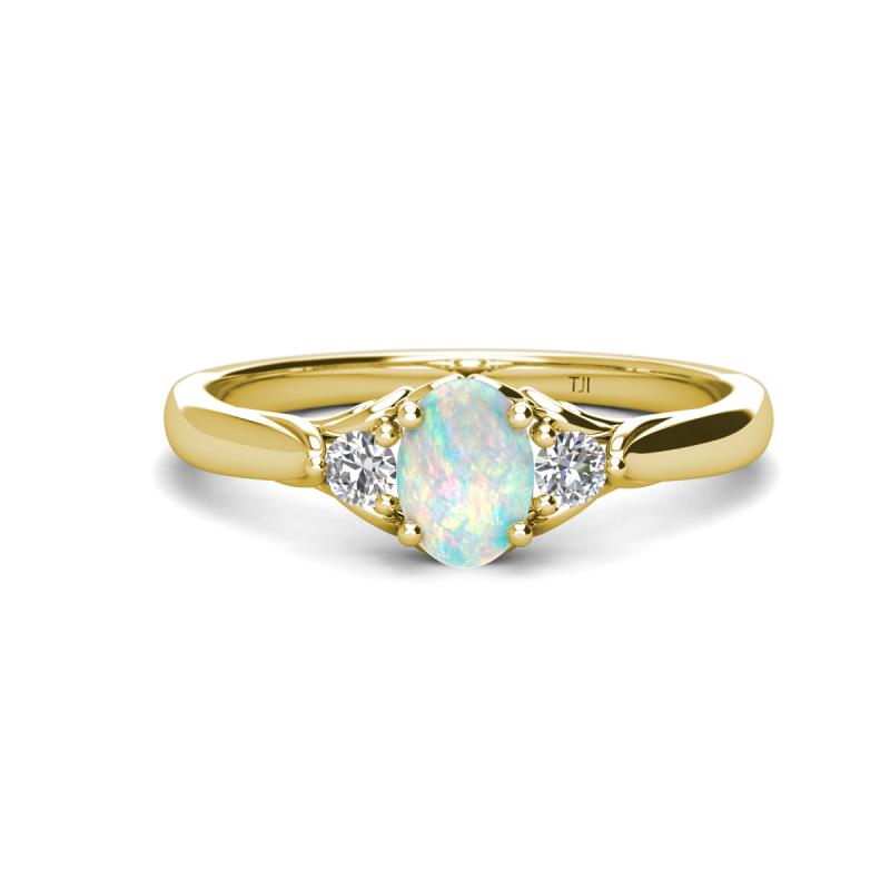 Gianna 7x5 mm Oval Shape Opal and Round Lab Grown Diamond Three Stone Engagement Ring 