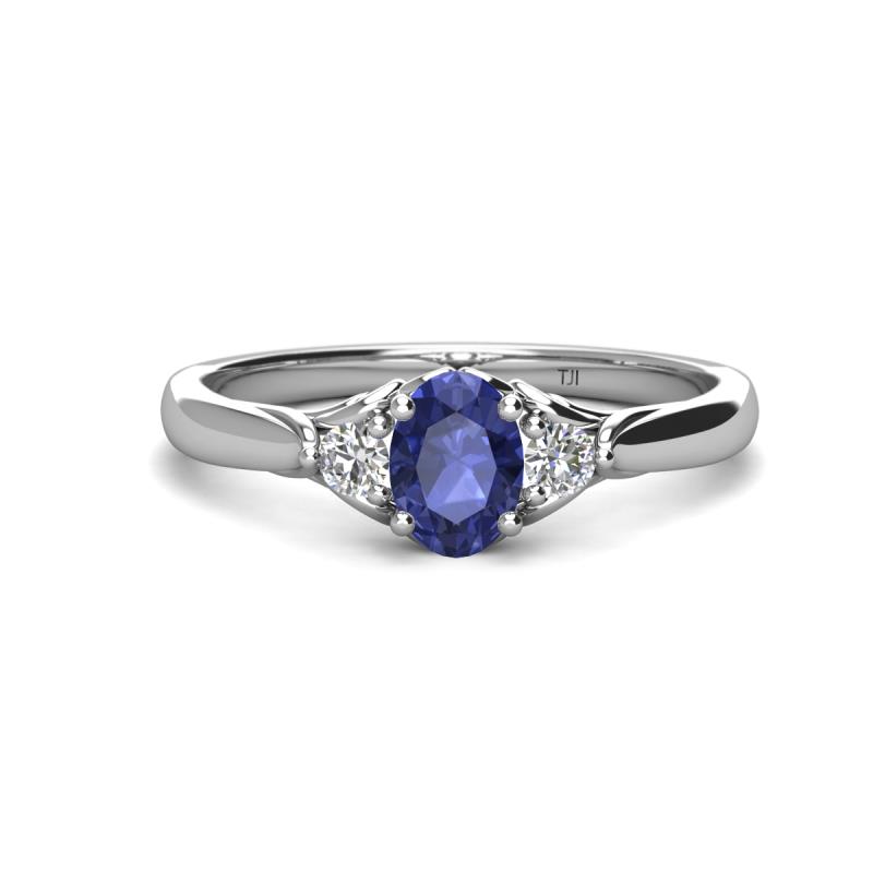 Gianna 7x5 mm Oval Shape Iolite and Round Diamond Three Stone Engagement Ring 