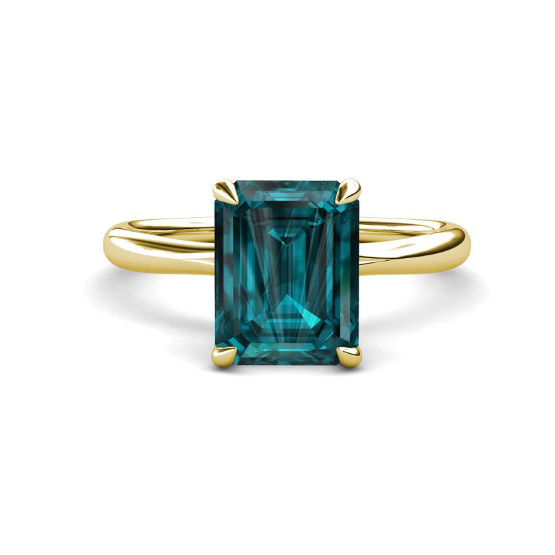 Solina 3.14 ctw Emerald Shape London Blue Topaz accented Lab Grown Diamond Hidden Halo Engagement Ring 