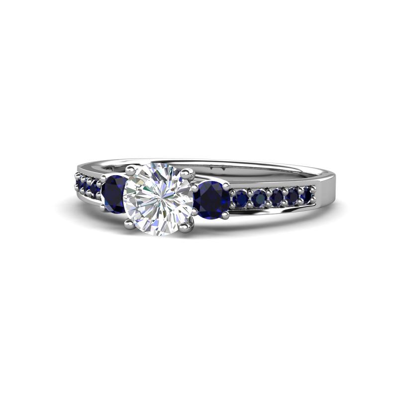 Dzeni Diamond and Blue Sapphire Three Stone with Side Blue Sapphire Ring 