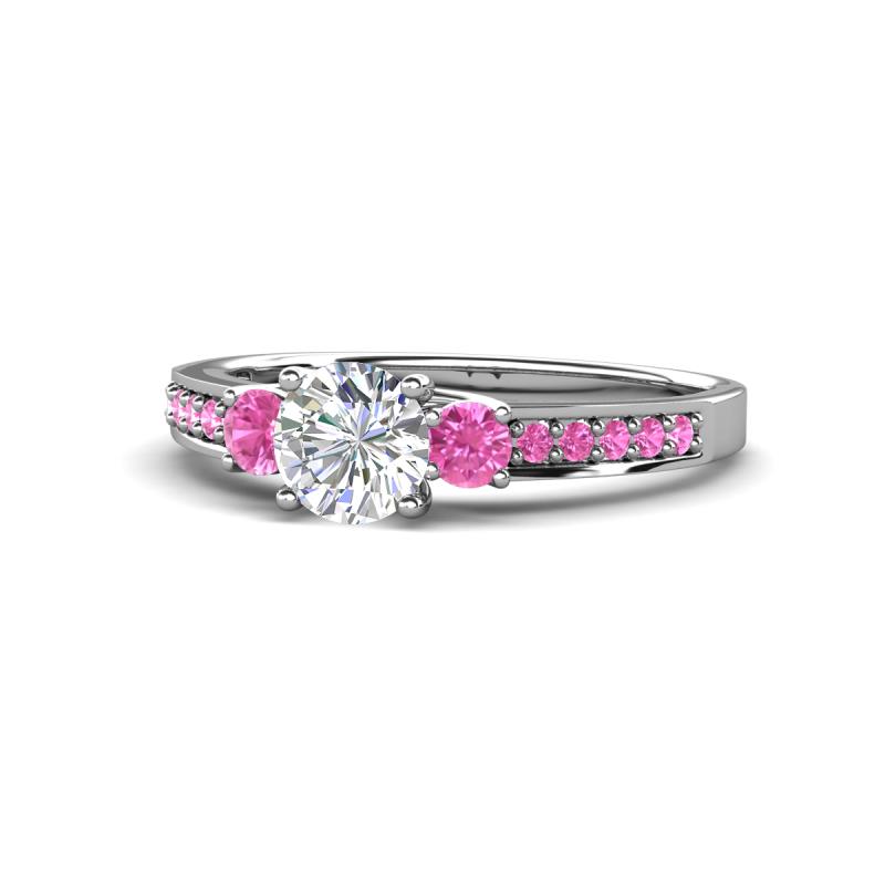 Dzeni Diamond and Pink Sapphire Three Stone with Side Pink Sapphire Ring 