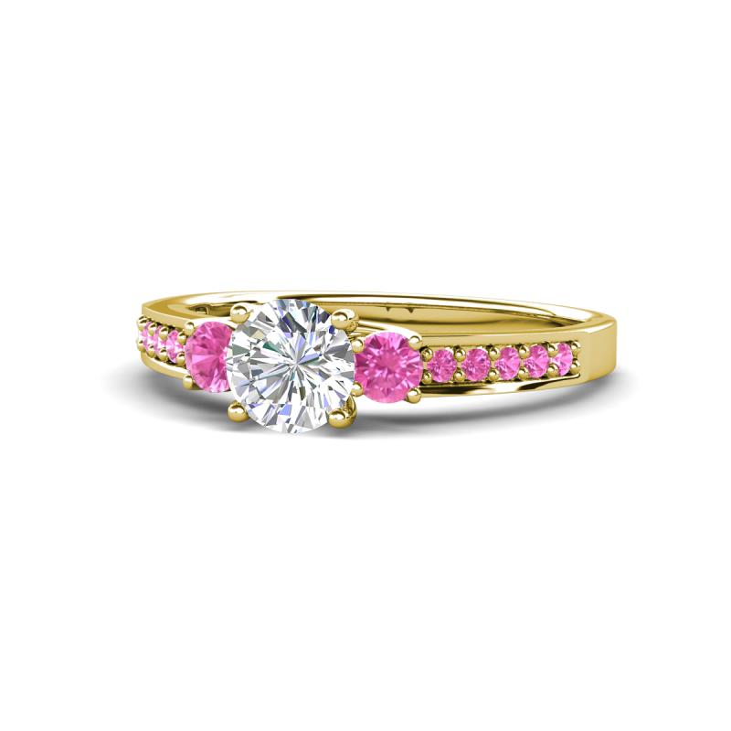 Dzeni Diamond and Pink Sapphire Three Stone with Side Pink Sapphire Ring 