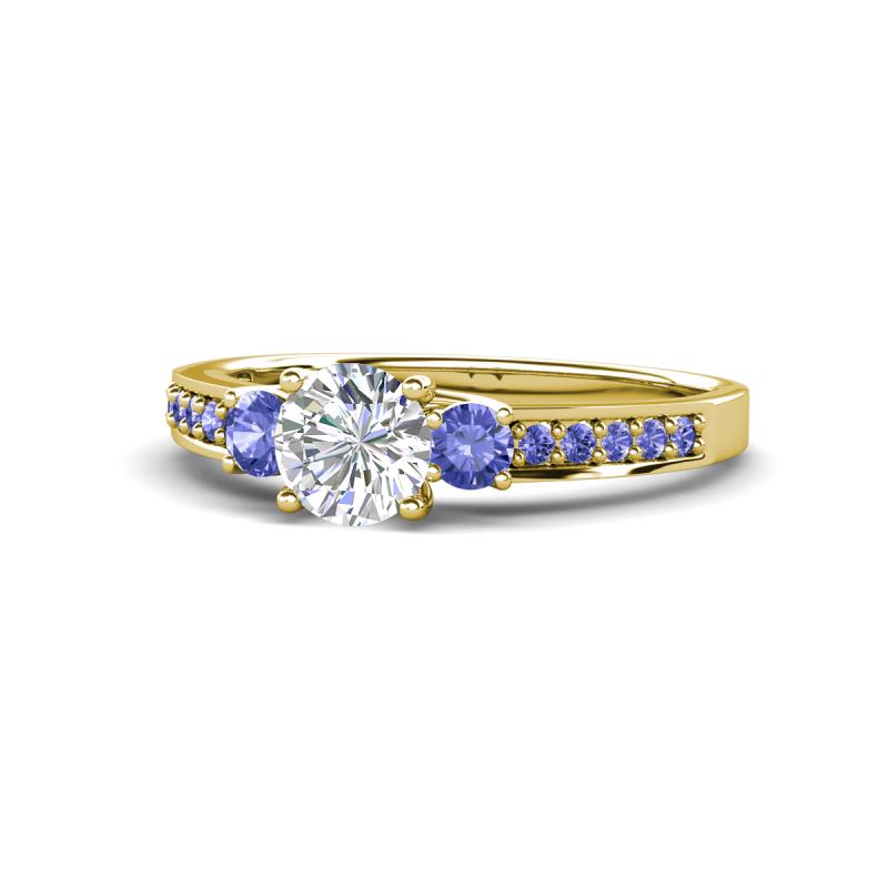 Dzeni Diamond and Tanzanite Three Stone with Side Tanzanite Ring 