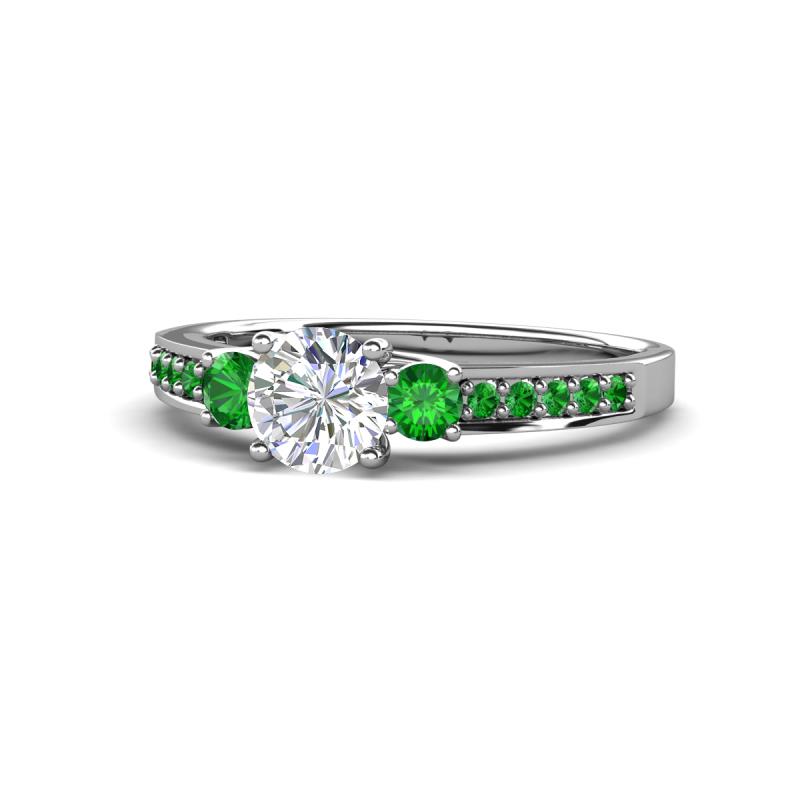 Dzeni Diamond and Green Garnet Three Stone with Side Green Garnet Ring 