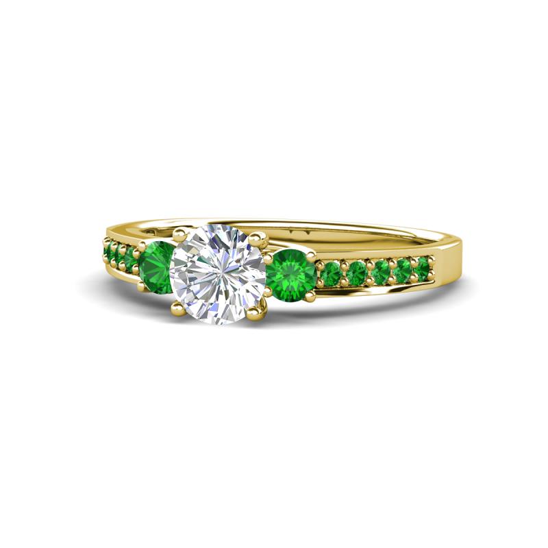 Dzeni Diamond and Green Garnet Three Stone with Side Green Garnet Ring 