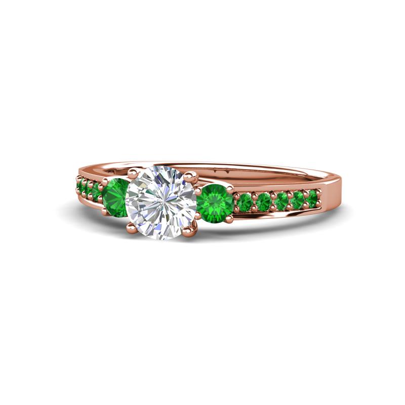 Dzeni Diamond and Green Garnet Three Stone with Side Green Garnet Ring 
