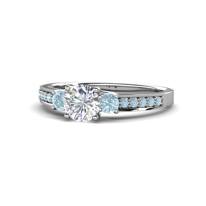 Dzeni Diamond and Aquamarine Three Stone with Side Aquamarine Ring 