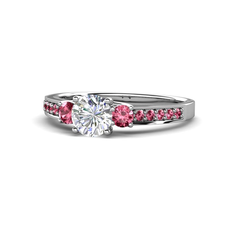 Dzeni Diamond and Pink Tourmaline Three Stone with Side Pink Tourmaline Ring 