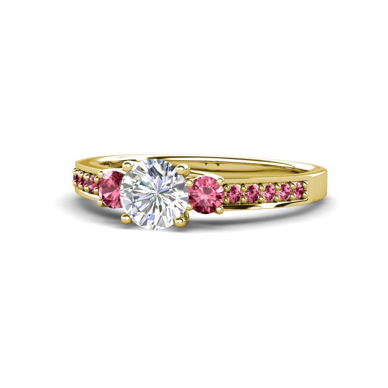 Dzeni Diamond and Pink Tourmaline Three Stone with Side Pink Tourmaline Ring 