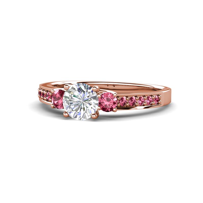 Dzeni Diamond and Pink Tourmaline Three Stone with Side Pink Tourmaline Ring 