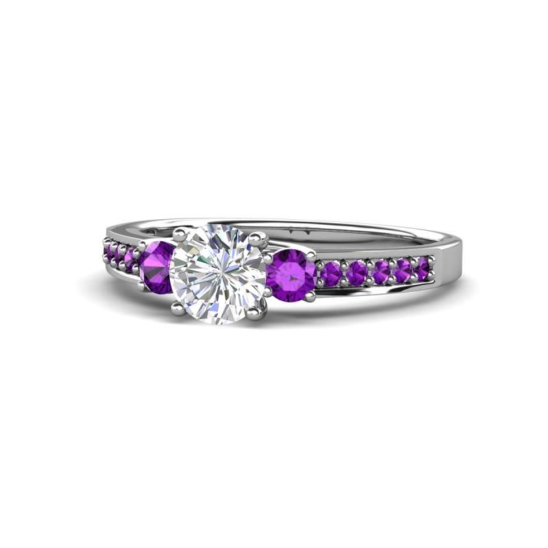 Dzeni Diamond and Amethyst Three Stone with Side Amethyst Ring 