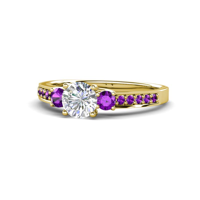 Dzeni Diamond and Amethyst Three Stone with Side Amethyst Ring 