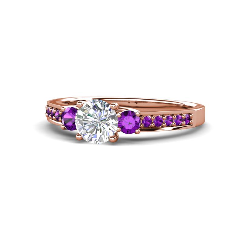 Dzeni Diamond and Amethyst Three Stone with Side Amethyst Ring 