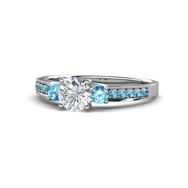 Dzeni Diamond and Blue Topaz Three Stone with Side Blue Topaz Ring 